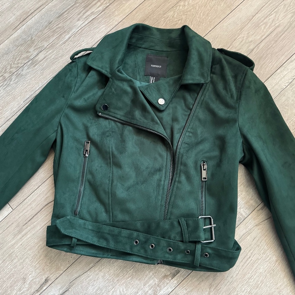 Faux suede green moto jacket